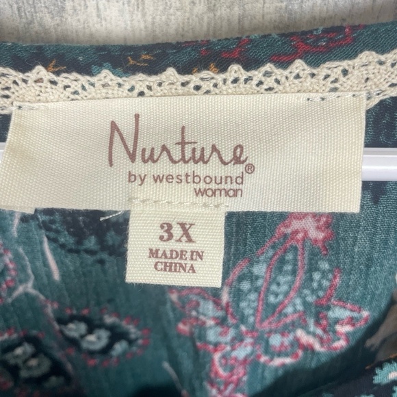 Nurture by Westbound Woman Floral Babydoll Blouse Size 3X‎ Boho Moody Green Plus - Picture 5 of 10